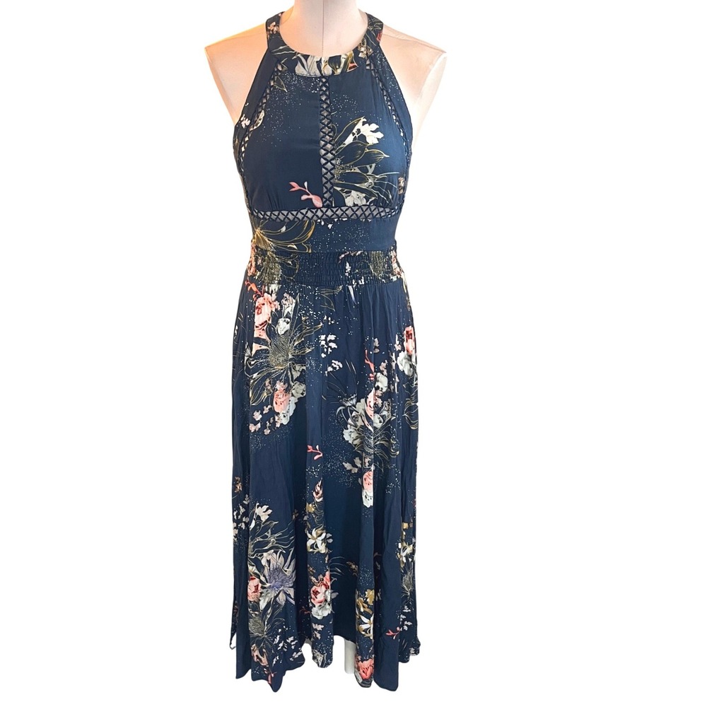 Jaase Endless Summer Maxi Dress Navy Floral Halter Open Back Smocked Waist Small